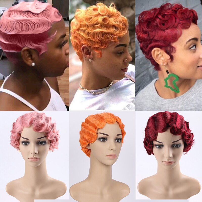 AILIADE cheveux noirs vague courte perruques pour femme court doigt vague perruques court coupe de lutin perruque courte perruques