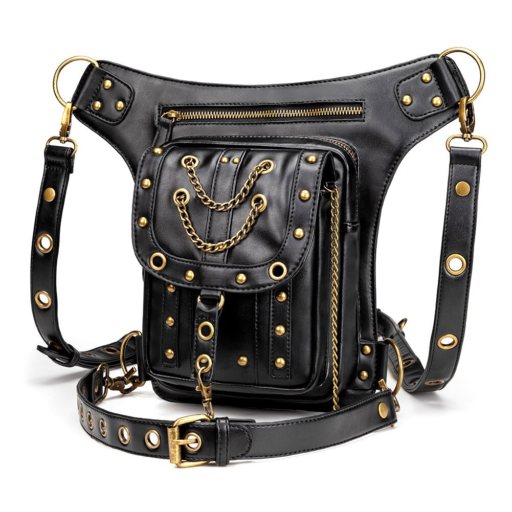 OMIKRON PU Lederen Steampunk Retro Taille Tas voor Vrouwen Mannen multifunctionele Zwart Reizen Motorfiets Crossbody Borst Fanny pack: HG133