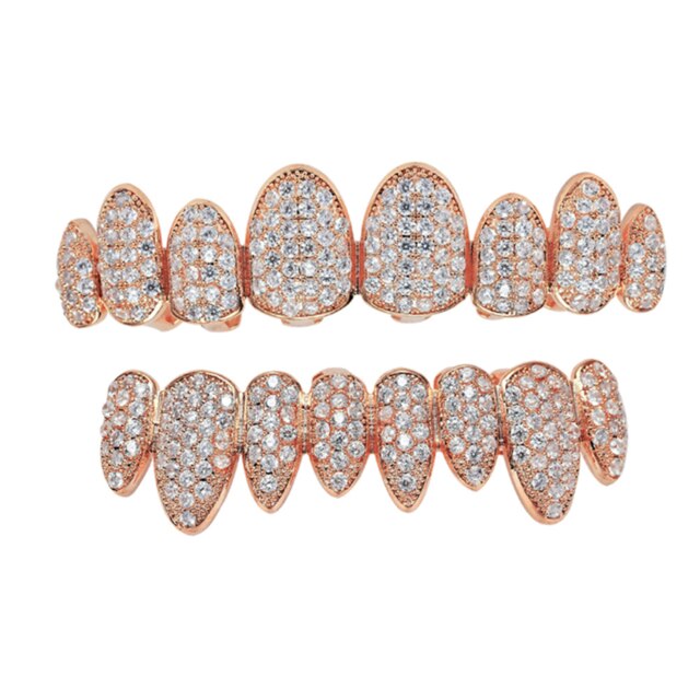 Hip Hop Iced Out Aaa Kubieke Zirkoon Crystal Tanden Caps Fang Top &amp; Bottom Grill Set Rapper Sieraden: rose gold