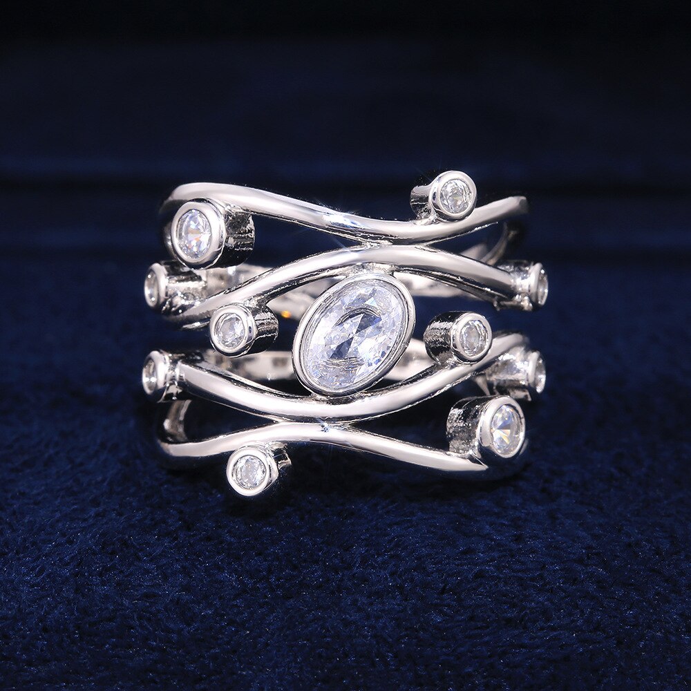 Luxo feminino anel de pedra de cristal branco clássico cor prata casamento grandes anéis para as mulheres na moda oco geométrico anel de noivado