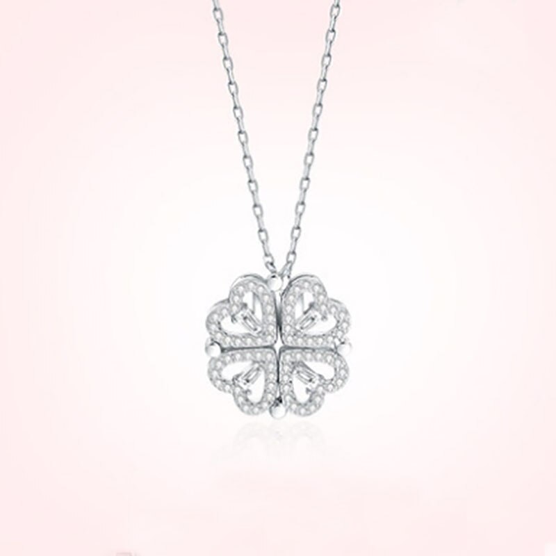 Vrouwen Hart Kettingen Rvs Magneet Kristal Klavertje Vier Hart Hanger Collier Sieraden Kraag Bff Bijoux: silver