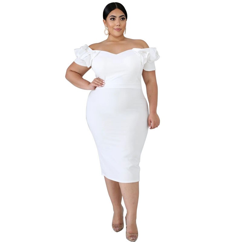 Off Shoulder Plus Size Dresses Women Bodycon White Short Sleeve Ruffles Knee Length Birthday Party Robes XXXL Summer