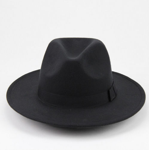 Hirigin Mode Unisex Hard Vilt Panama Hoed Fedora Trilby Hoeden Gangster Caps Brede Rand: Zwart