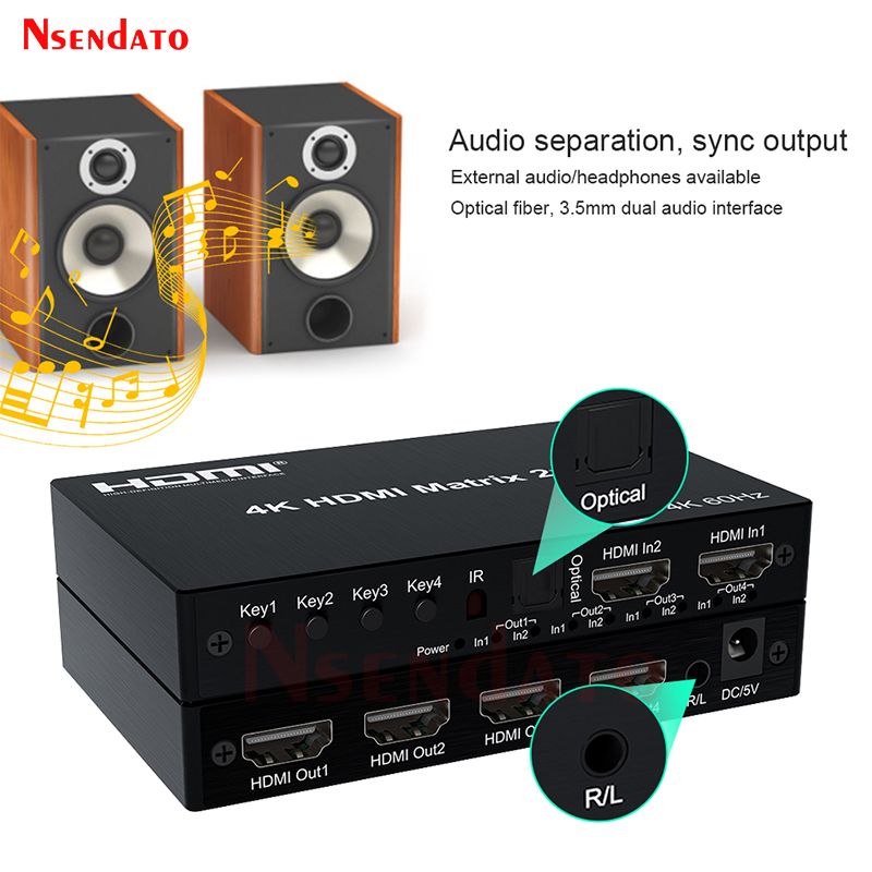 2x4 HDMI Matrix Switch 4K 60Hz HDMI Matrix 2 in 4 out Matrix HDMI Switch Splitter Audio Extractor voor Dolby PC naar TV Monitor