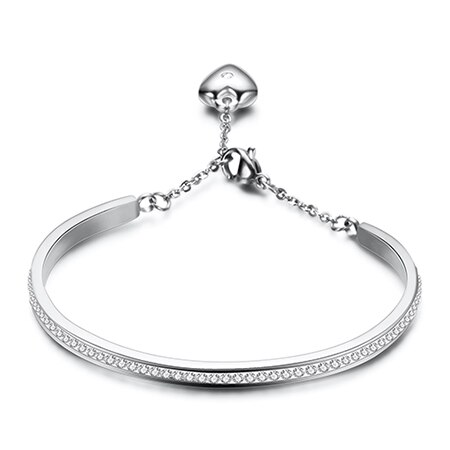 NIBA Gold-Color Cuff Bangle For Women One Row Crystal Stainless Steel Bracelet Bangle Jewelry Adjustable Chain: Silver