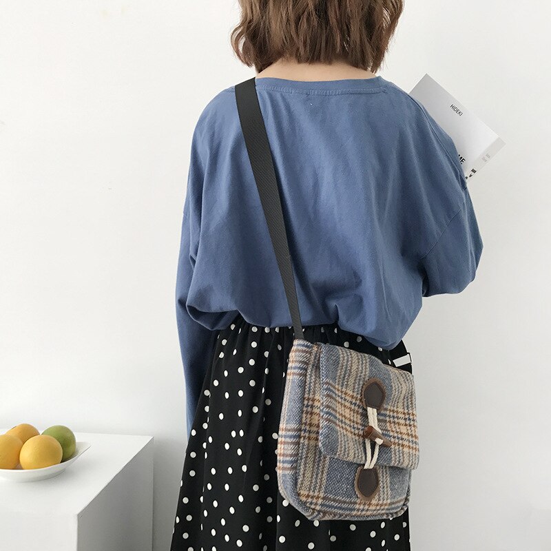Vrouwen Kleine Wollen Canvas Tassen Schotse Gecontroleerd Hoorn Vintage Plaid Vrouwelijke Schoudertas Dames Casual Schoudertas Doek Portemonnee: Blue Horn Button