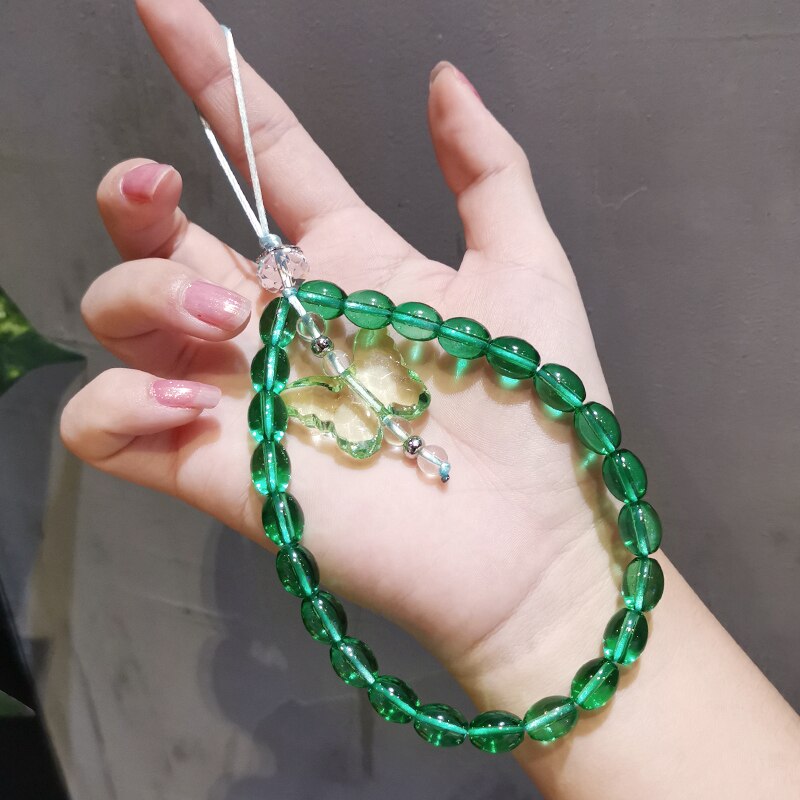 Crystal Bead Butterfly Mobile Phone Chain Cellphone Strap Anti-lost Lanyard For Women Summer Wrist Jewelry: green