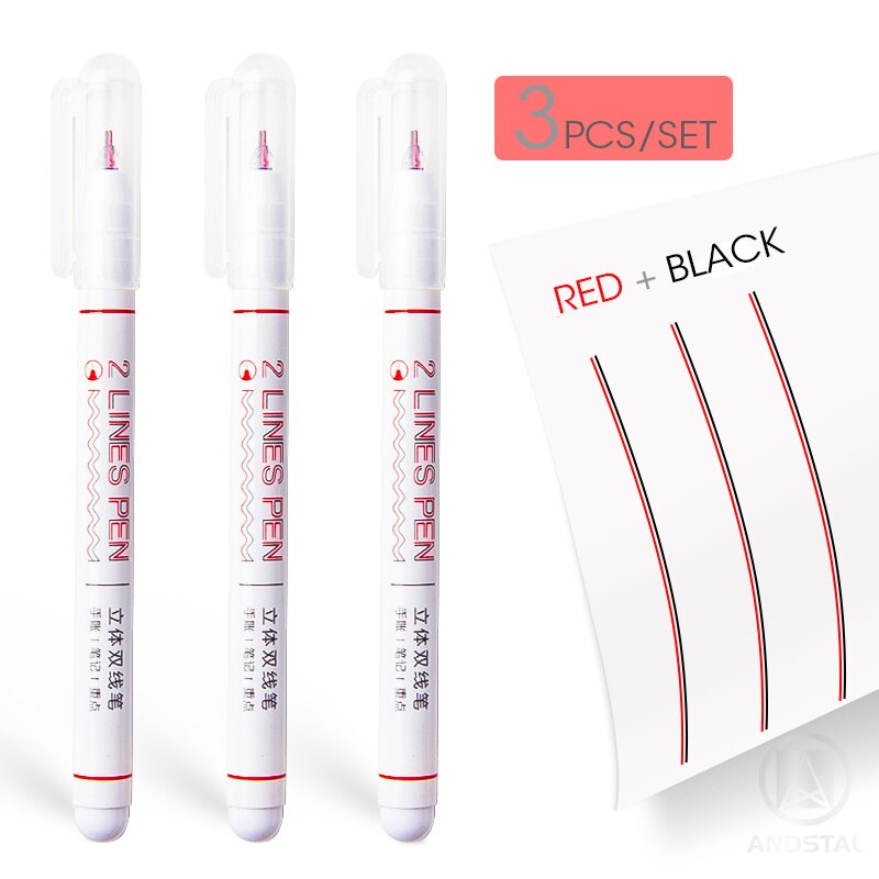 Andstal 2 linjers kuglepen sæt 0.5mm doule line art markør pen fine liner markører fineliner farve blæk tegne scrapbog journaling penne: 3 stk rød x sort