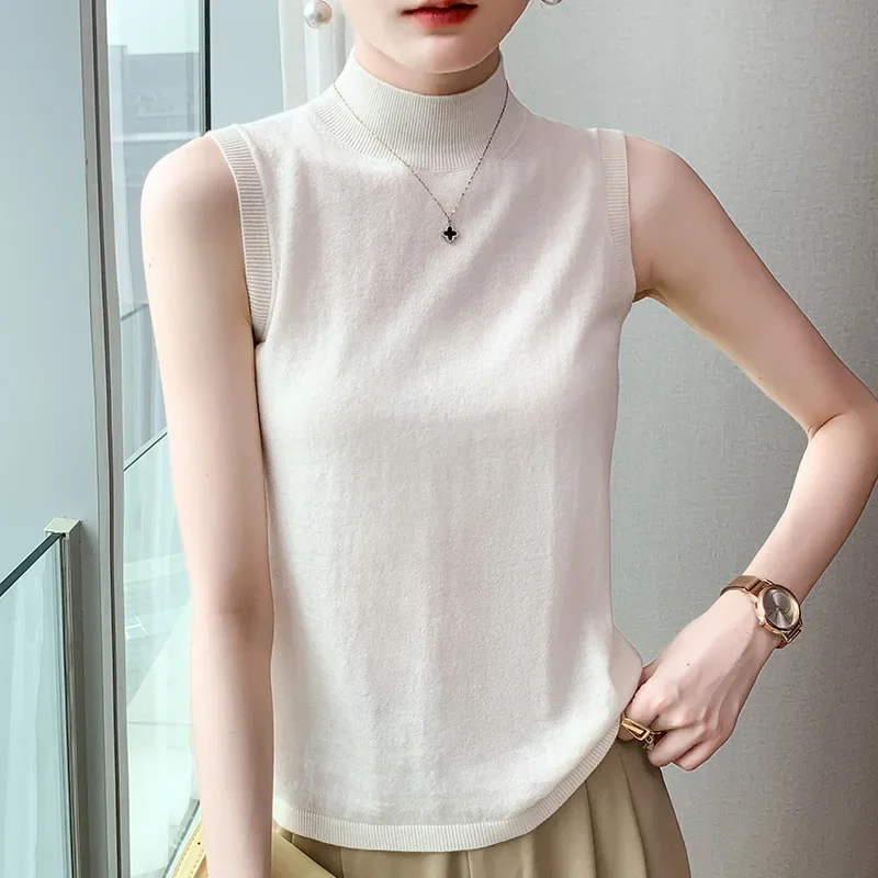 Kamgarn ren ull dame høst og vinter halvhøy krage kort slank passe innvendig basegenser ermeløs Vest dame: S / Hvit