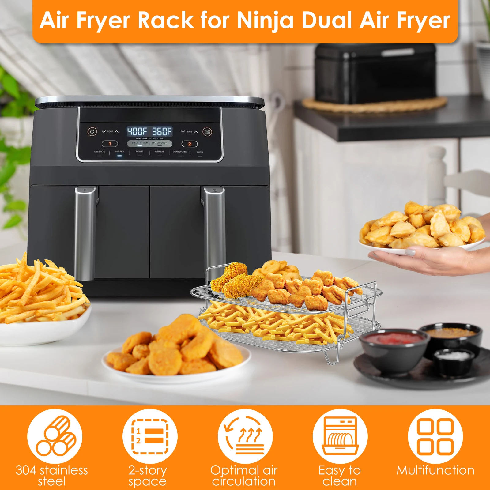 2 Lagen Luchtfriteuse Rekken Roestvrijstalen Dehydrator Rek Stapelbare Luchtfriteuse Rekken Hittebestendige Rekken Keuken Koken Gereedschap