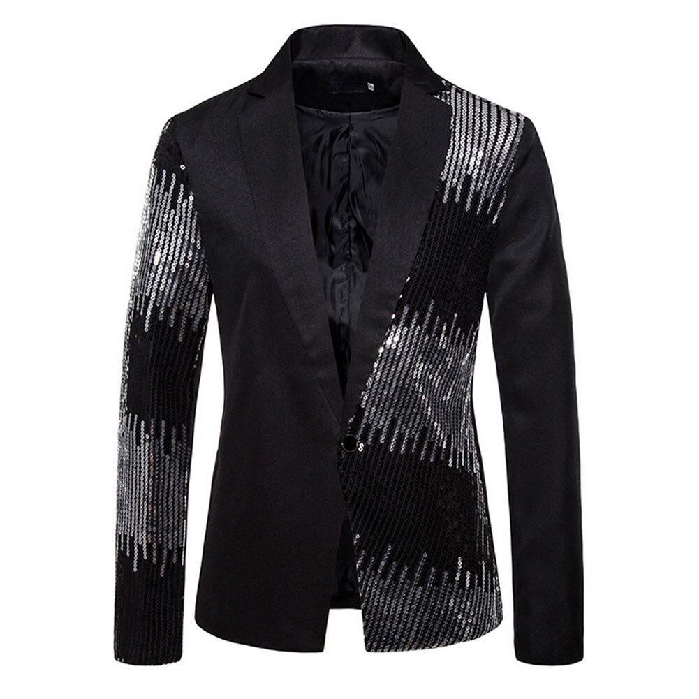 Mannen Sequin Blazer Jas Mode Een Knop Piekte Revers Party Diner Trouwjurk Jasje 2XL: Black / XXL