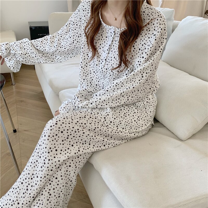 2 piece set sleepwear soft spring autumn pullovers pijamas stars print loos pajamas set homewear: White