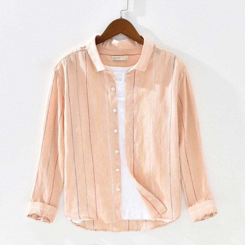 Gestreept overhemd van zuiver linnen voor heren, lange mouwen, ademend, gemaakt van hennep, gml 03-1932: Roze / M