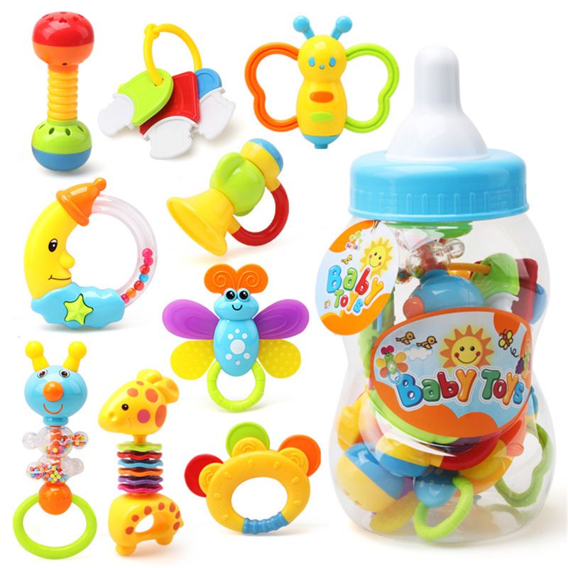 Infant Infant Rassel Zahnen Baby Spielzeug Mit Flasche Lagerung Schütteln Und GRAP Baby Hand Entwicklung Beißringe Spielzeug Set Für Neugeborene: Blau