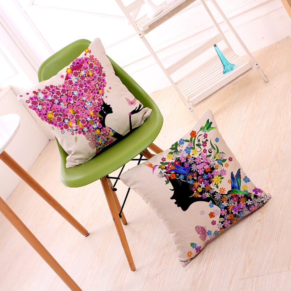 Square 18" Cotton Linen Decorative Cushions Flower Fairy Bike Butterfly Throw Pillows Sofa Home Decor No Inner