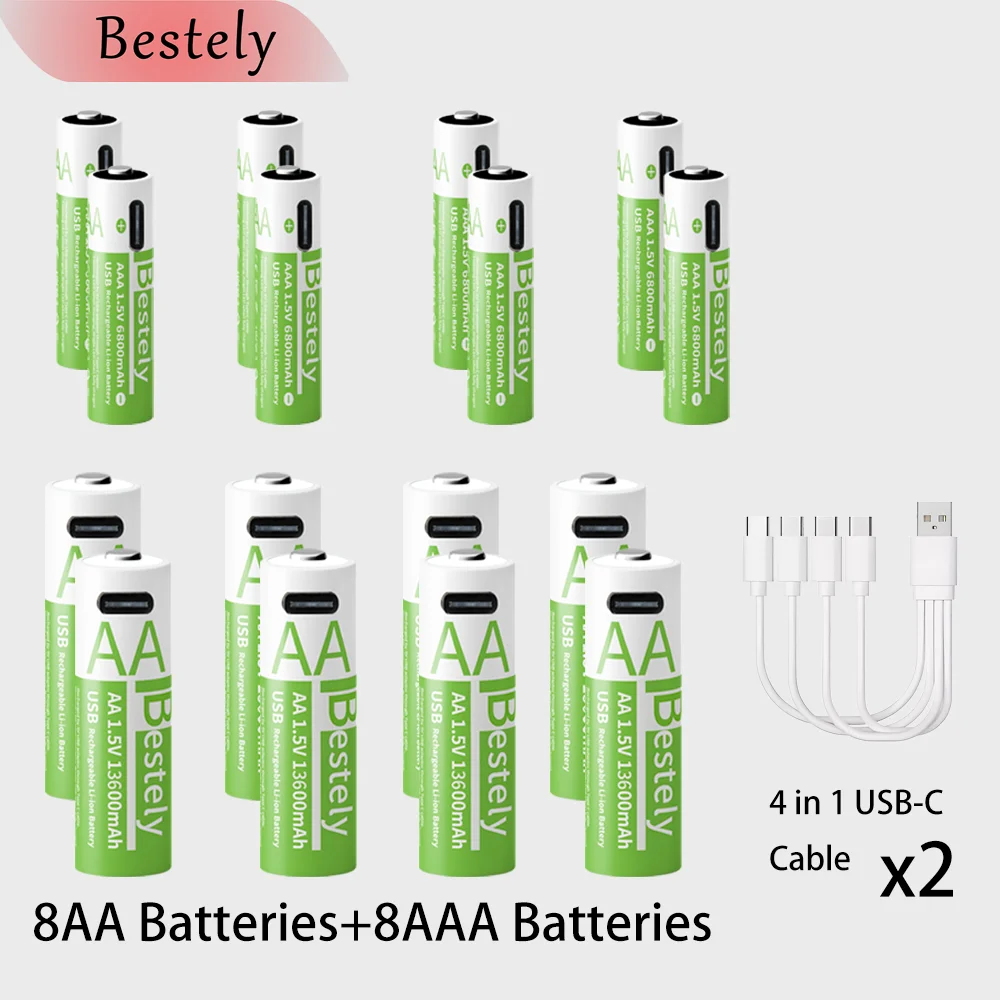 Neue 1,5 V AAA 6800 mAh + AA 13600 mAh wiederaufladbare Lithium-Batterien Schnelllade-USB-Li-Ionen-Akku 2000 Zyklen mit USB-C-Kabel: Rosa