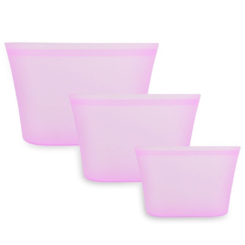Zip Top Leakproof 3 Pcs Silicone Food Storage Containers Household Stand Up Zip Shut Container Cup Bowl for Kitchen Out: Dishes pink