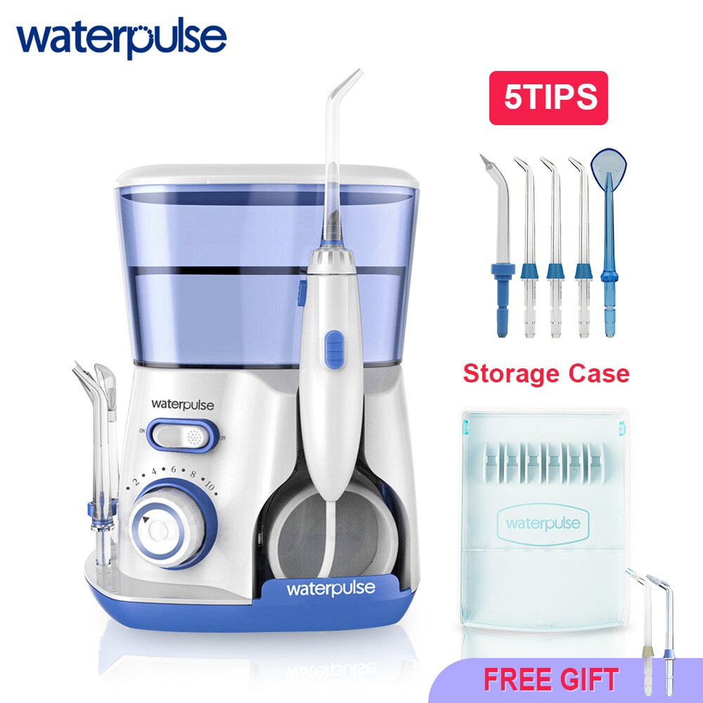 Vand tandtråd mundskylning bærbar dental vandstråle 800ml familie brug stor kapacitet vandtank vandtæt tandrenser: 7 spidser blå / Eu