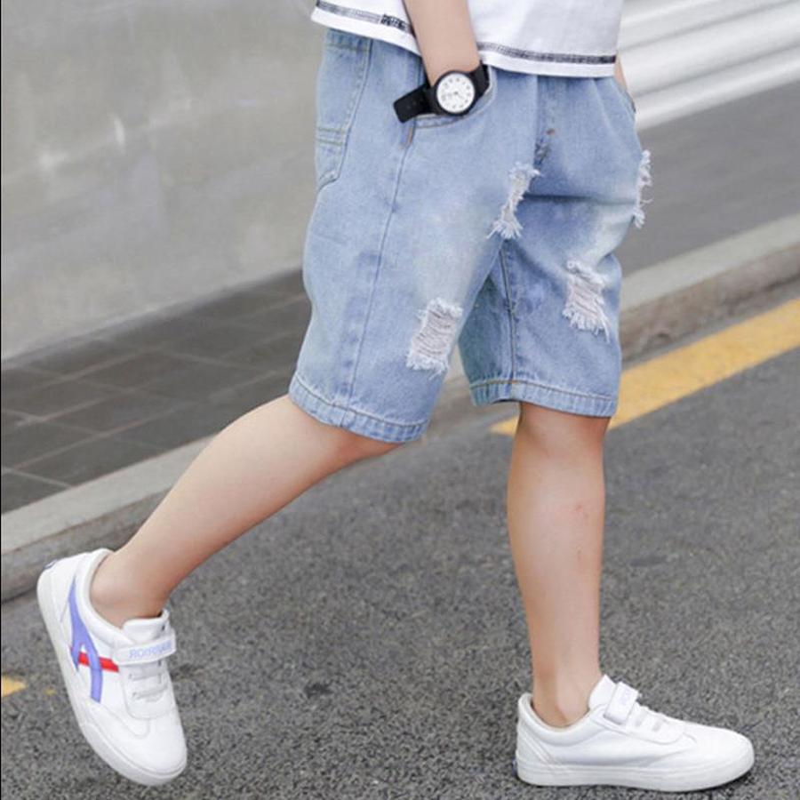 Pantalones cortos de mezclilla para niño, pantalón vaquero rasgado de verano, informal, azul claro, sólido, 110-160cm