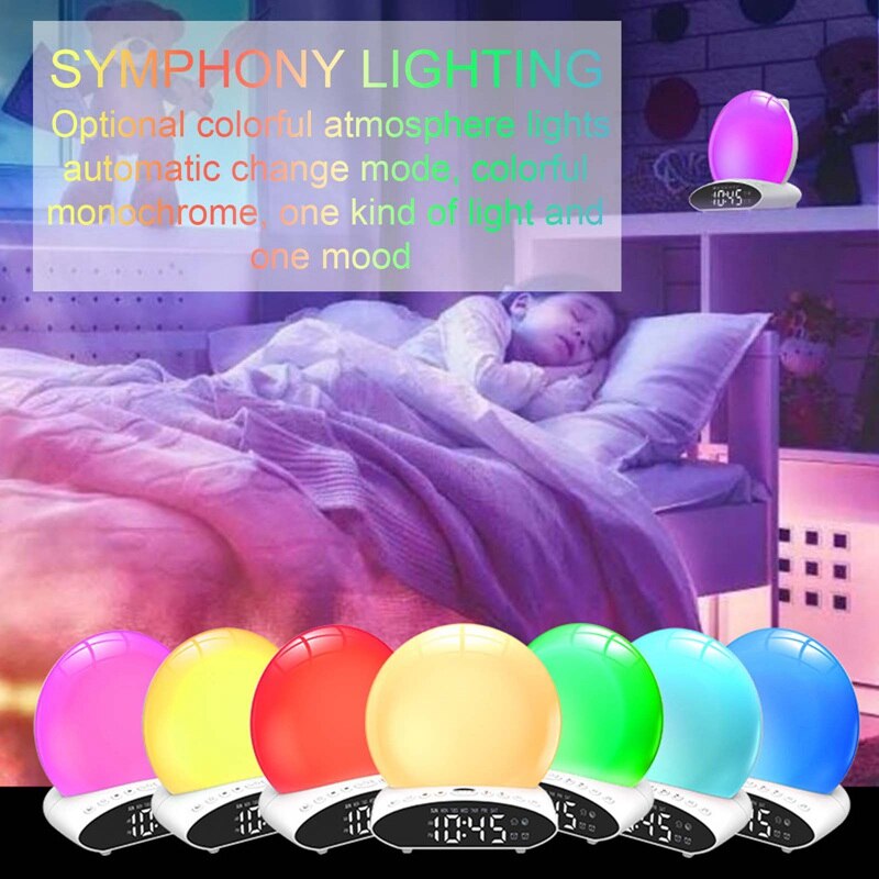 Wake Up Light Alarm Clock Digital Night Lamp Clock Colorful Simulation Sunrise and Sunset Music FM Radios Bedside Light