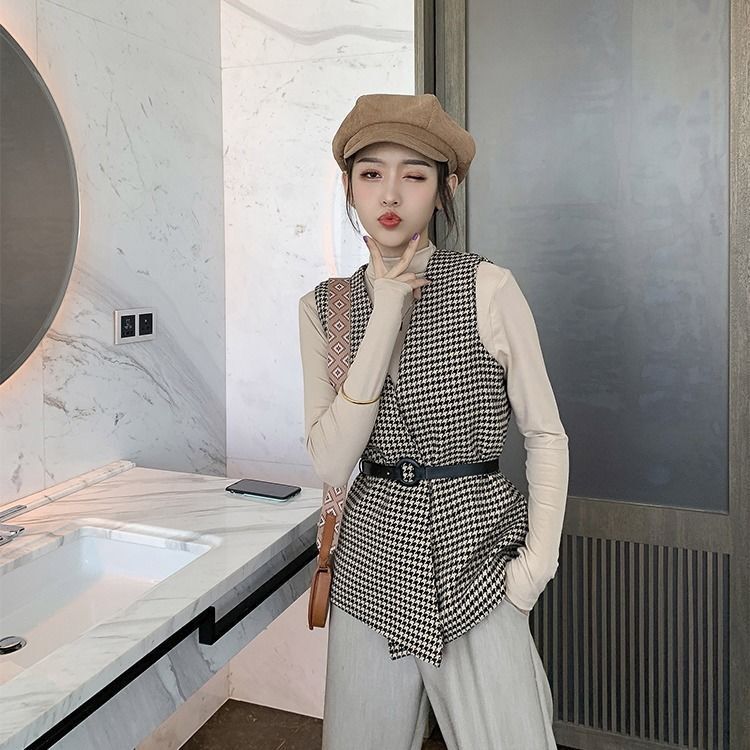 Tweed vest dames mouwloos jasje herfst engeland stijl vintage v-hals pied-de-poule geruit vest gilet met riem  c98