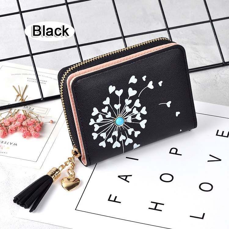 Women Wallets Brand Candy Colors Lady Purses Flower Clutch Zipper Coin Purse Wallet Cards ID Bag Woman Moneybag: 2 black