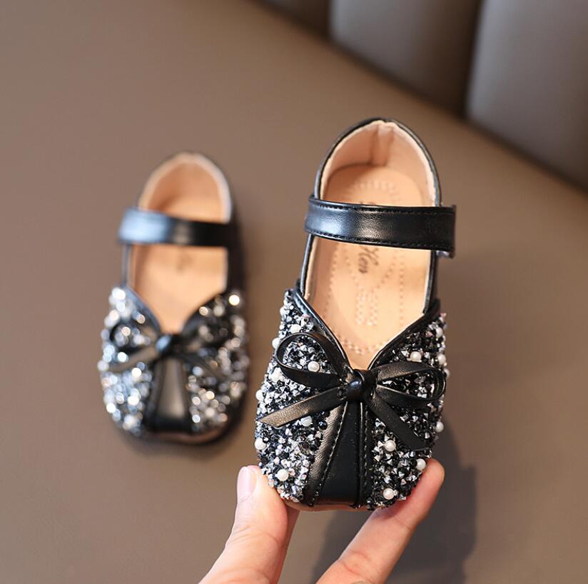 Herfst kinderschoenen meisjes platte hak prinses dans sandalen kinderschoenen glitter leer meisjes feestjurk trouwschoenen: Zwart / 25