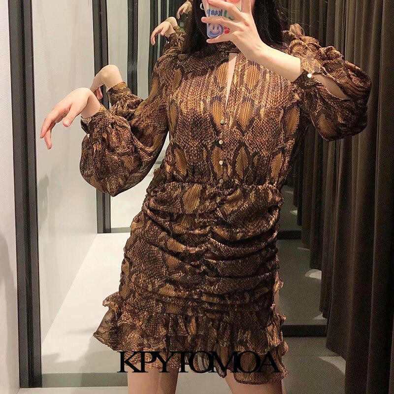 KPYTOMOA-Vestido corto con estampado de serpiente para Mujer, minivestido con volantes, cuello alto clásico, cintura elástica,