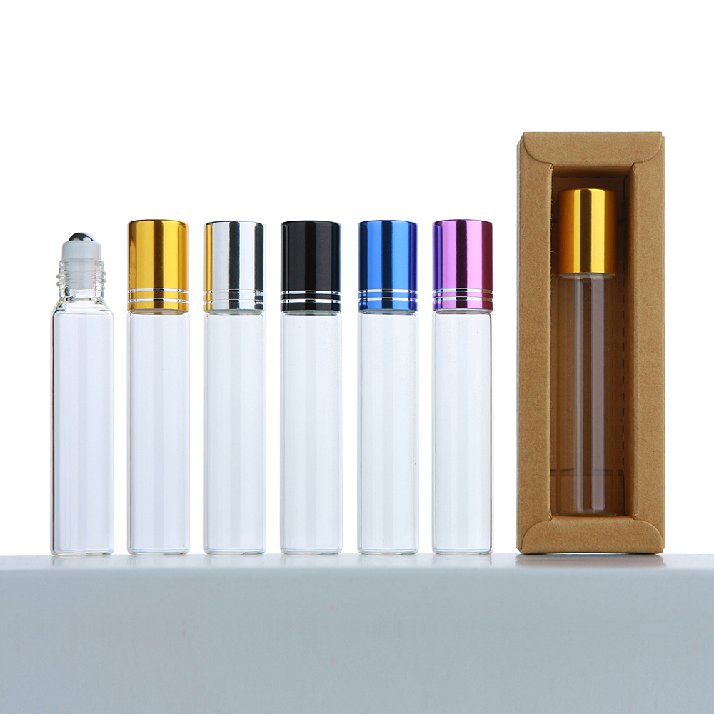 50Pcs/Lot 10ml Clear Glass Roller Essential Oil Bottle With Box Roll On Perfume Bottle Cosmetics Container Print LOGO Pay Extra