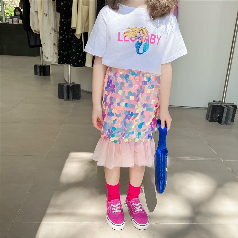 VFOCHI 2022 dziewczyna spódnica wiosna lato cekiny dziewczyny spódnice syreny nastolatek dziewczyna ubrania moda dzieci spódnica niejednolita całość dziewczyny spódnica: różowy / 12 t