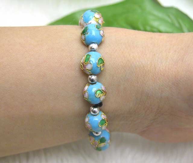 Cloisonne cielo-azul redondo 10mm cuentas y cuentas de plata tibetana pulsera-bra126 /al por menor