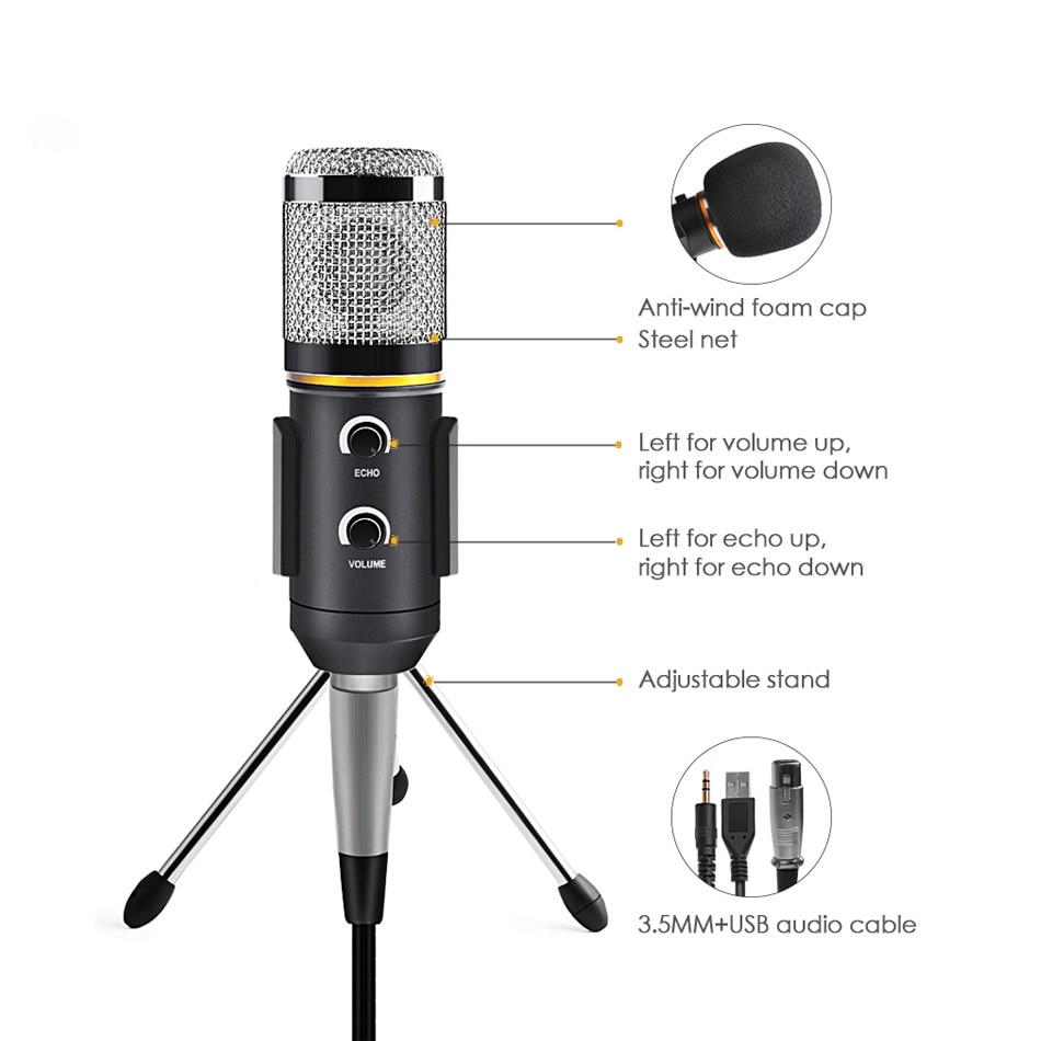 MK-F200TL Microphone USB Condenser Microphone for Video Recording Karaoke Radio Studio Microphone for PC Computer