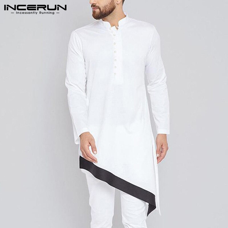 Incerun islamitische kleding heren onregelmatig overhemd staande kraag lange mouw indiase kleding patchwork vintage lange shirts heren s -5xl