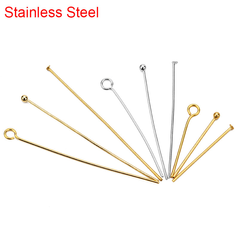 100 Uds. Agujas de cabeza plana de ojo de acero inoxidable a granel 20mm 30mm 40mm conector de alfileres de cuentas de bola de Color dorado para fabricación de joyas
