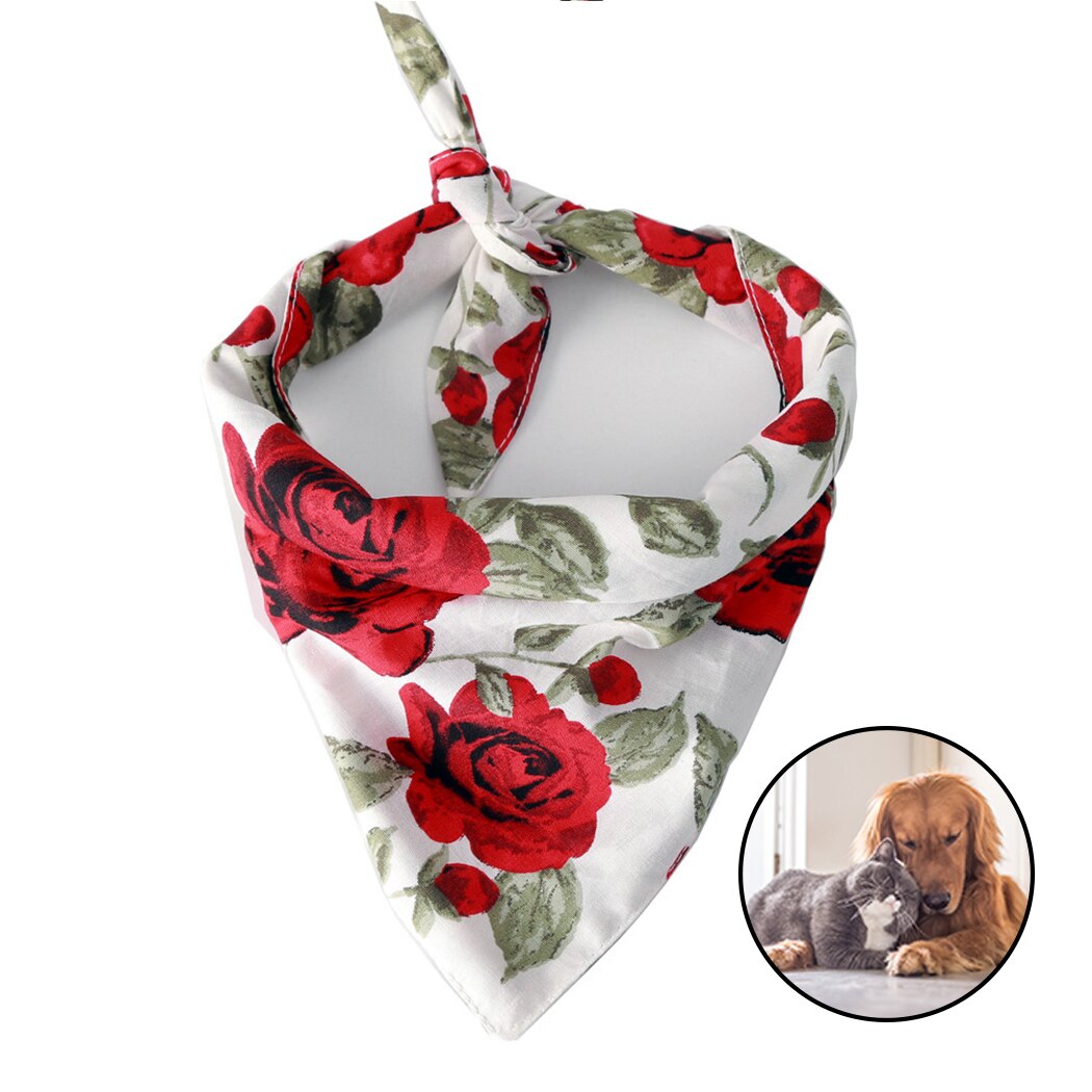 Bandana de algodón con estampado de flores para mascotas, babero para perro, gato, Día de San Valentín, rosa roja, triángulo, Rosa Negra: White