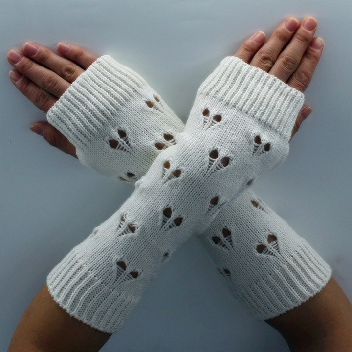 Yoziron høreformede kvinder armopvarmere vinterstrik lange ærmer handsker til kvinder piger elsker form fingerløse handsker: Hvid