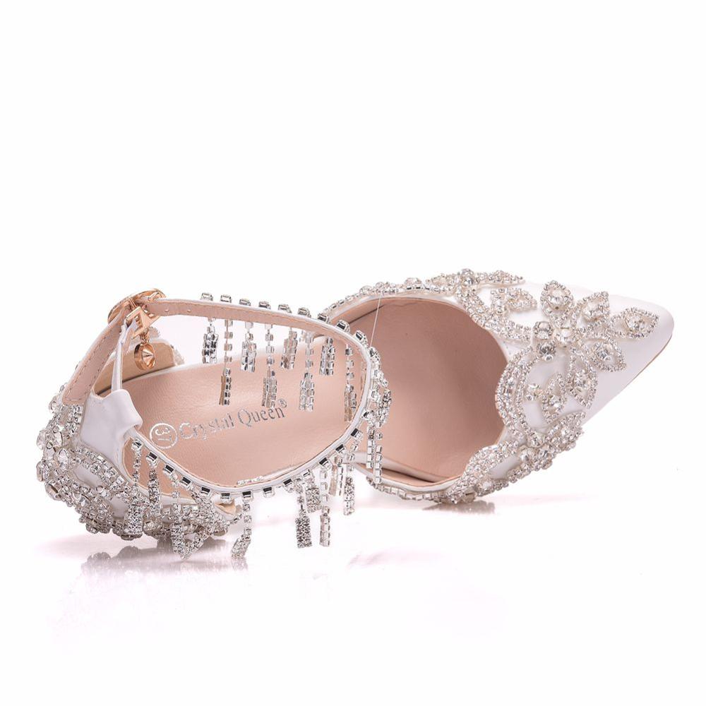 Cristal reina mujer blanco cristal zapatos borla pulsera boda zapatos novia tacones altos Sandalias Mujer vestido bombas