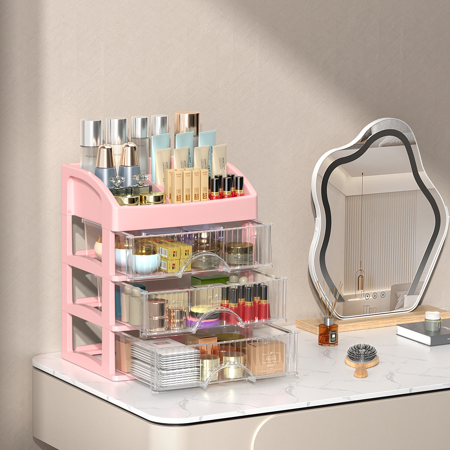 Caixa de armazenamento de mesa gaveta de armazenamento decoração de cabelo armário de armazenamento multi-camada cosméticos caixa de jóias papelaria multifuncional: Cáqui escuro