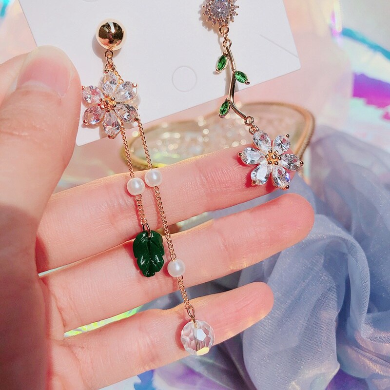 MENGJIQIAO nouvelle coréenne feuille longue gland Pendientes Mujer Moda Transparent cristal fleur boucles d'oreilles goutte