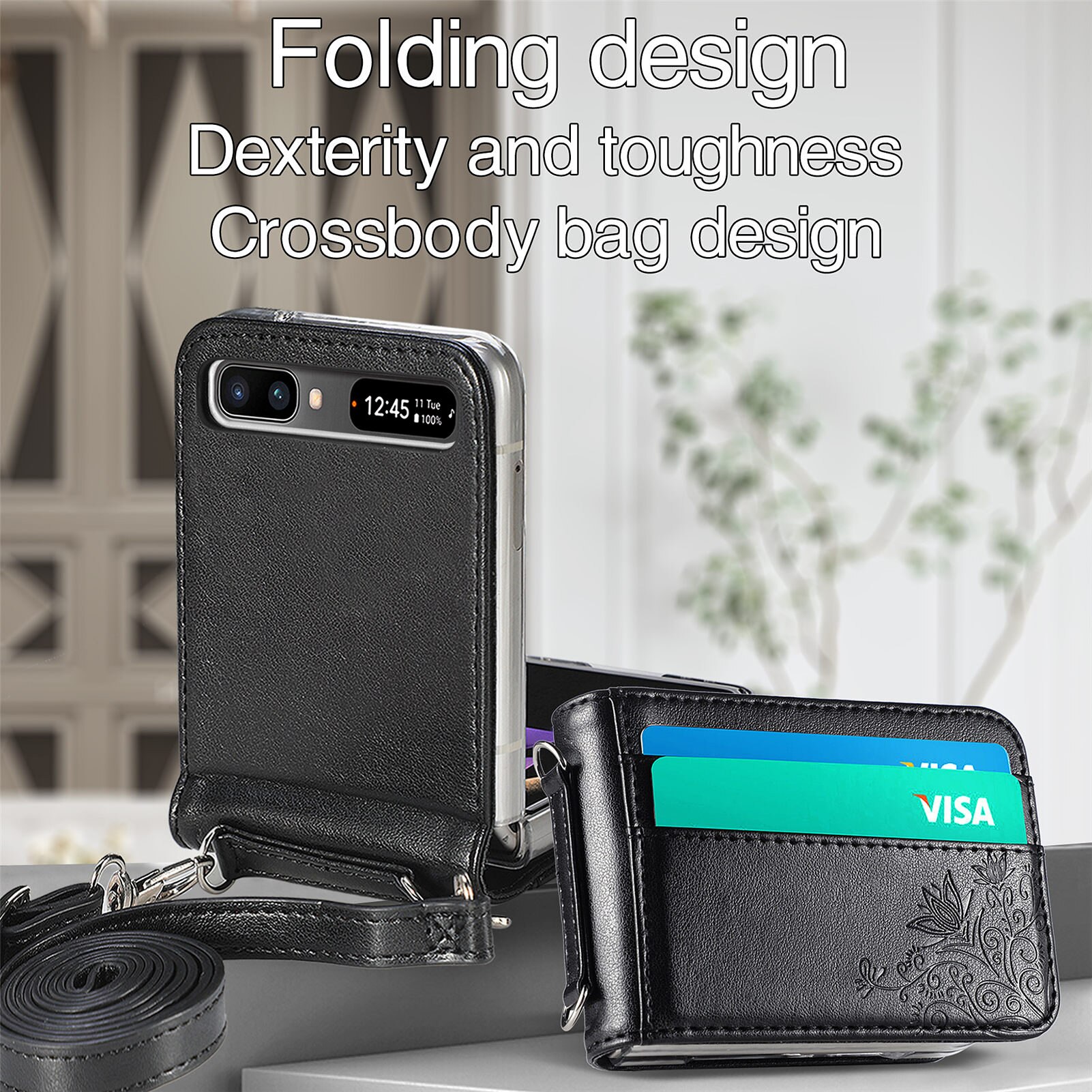Læder pung telefonrem etui til samsung galaxy z flip 3 flip 3 5g flip kortlomme uden fingeraftryk cover fundas