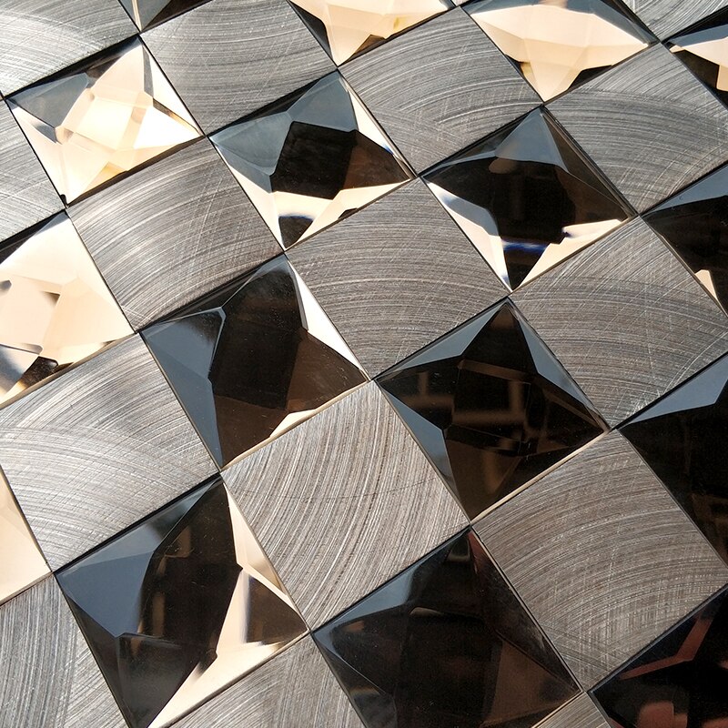 Self Adhesive Light Yellow Gold Glass Mirror Wall Tile Brushed Silver Metal Alunimum Bathroom Mosaic Tiles JYX003