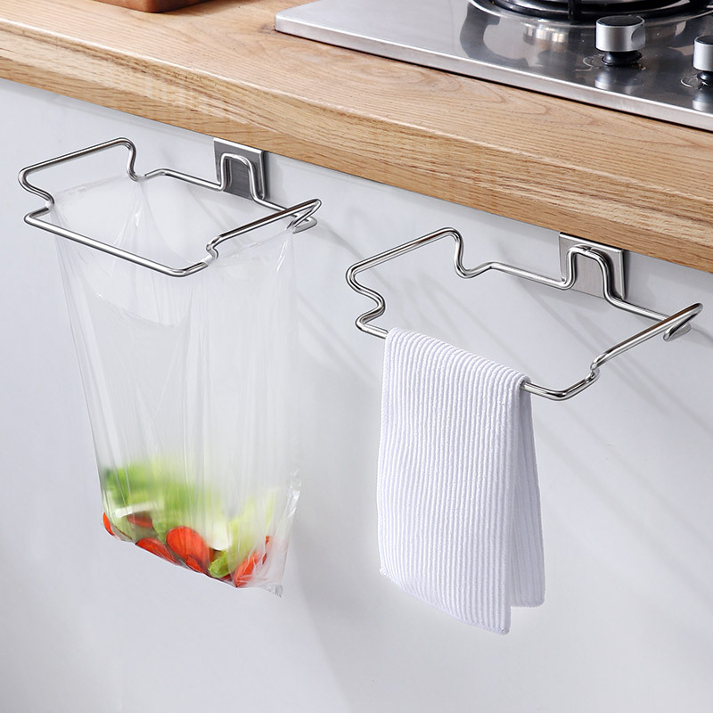 Colgador de cocina con gancho para puerta, estante de basura colgante de Metal, almacenamiento de bolsas de basura, estante de acero inoxidable para armario