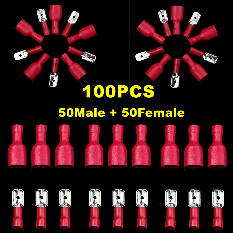 100 Stuks (50Pairs) 6.3Mm Rode Spade Vrouwelijke & Mannelijke Koude Presed Geïsoleerde Crimp Terminals Elektrische Draad Connectors Kit