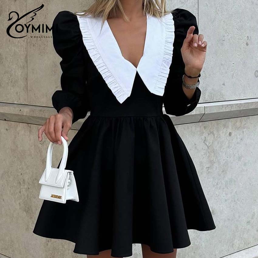 Oymimi Elegantes schwarzes Patchwork-Damenkleid, lässiges Peter-Pfanne-Kragen-Kleid mit drei Viertelärmeln, modische plissierte Minikleider: L / Schwarz