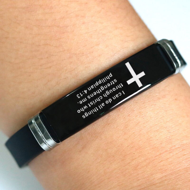 Cruz Biblia Cristiana hombres pulsera ajustable longitud pulseras de silicona pulsera escritura amor nunca falla joyería masculina