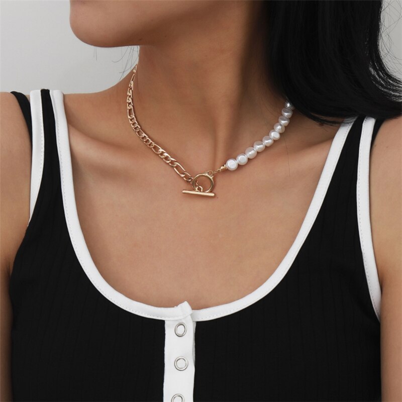 Ailodo minimalista imitazione collana di perle per le donne Vintage oro argento colore catena di metallo girocolli collana regalo di gioielli di moda