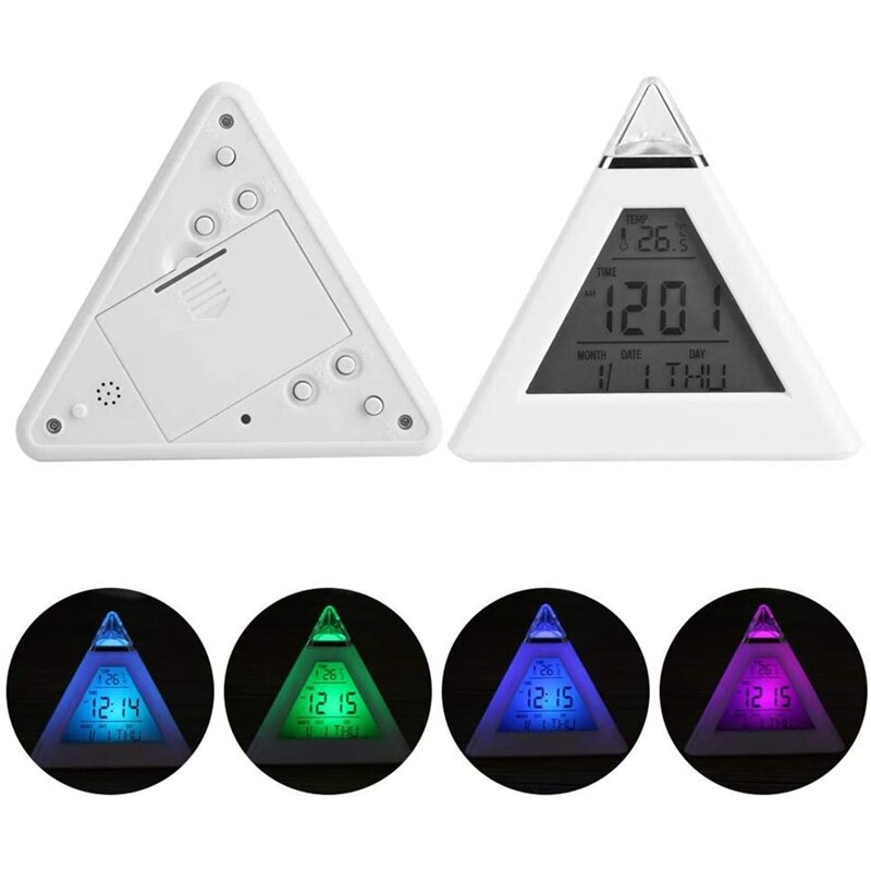 Digital Alarm Clock Small LCD Pyramid Alarm Clock 7 Color Changing Desktop Table Clock Thermometer with Snooze Function