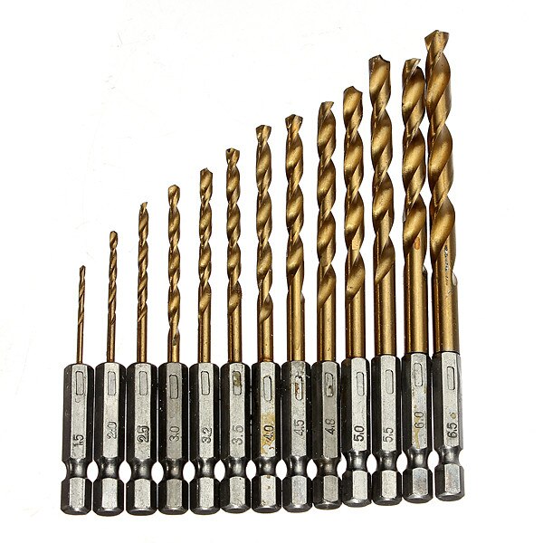 Jeu de mèches de forage en acier à haute vitesse revêtu de titane, tige hexagonale 1/4 de 1.5 à 6.5mm, outil de forage en métal à changement rapide pour le travail du bois 13 pièces