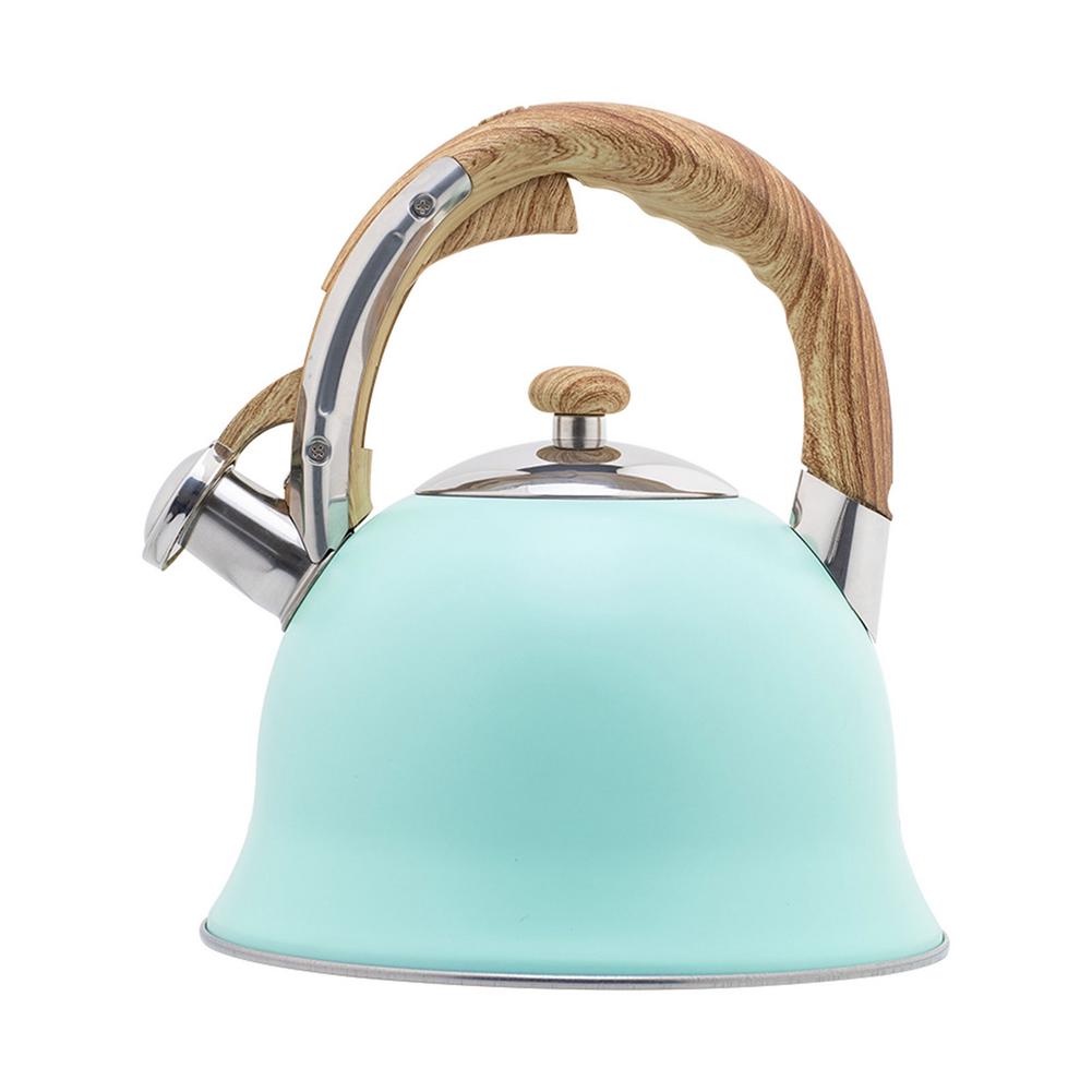 Whistling Tea Kettle Stainless Steel Tea Pots Stylish Kettle With Wood Pattern Anti-slip Handle Whistle Kettle Stovetop Tea P: Blue