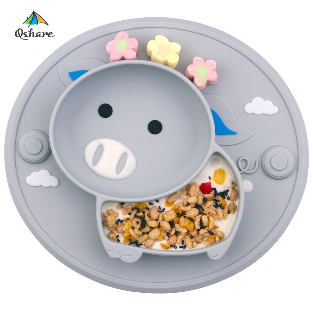 Qshare Baby Feeding Learning Bowl Cute Pig Silicone Suction Plate Placemat Kids Feeding Dinnerware Baby Food Dishes Pratos